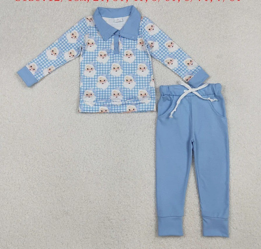 Boys Blue Gingham Santa Set