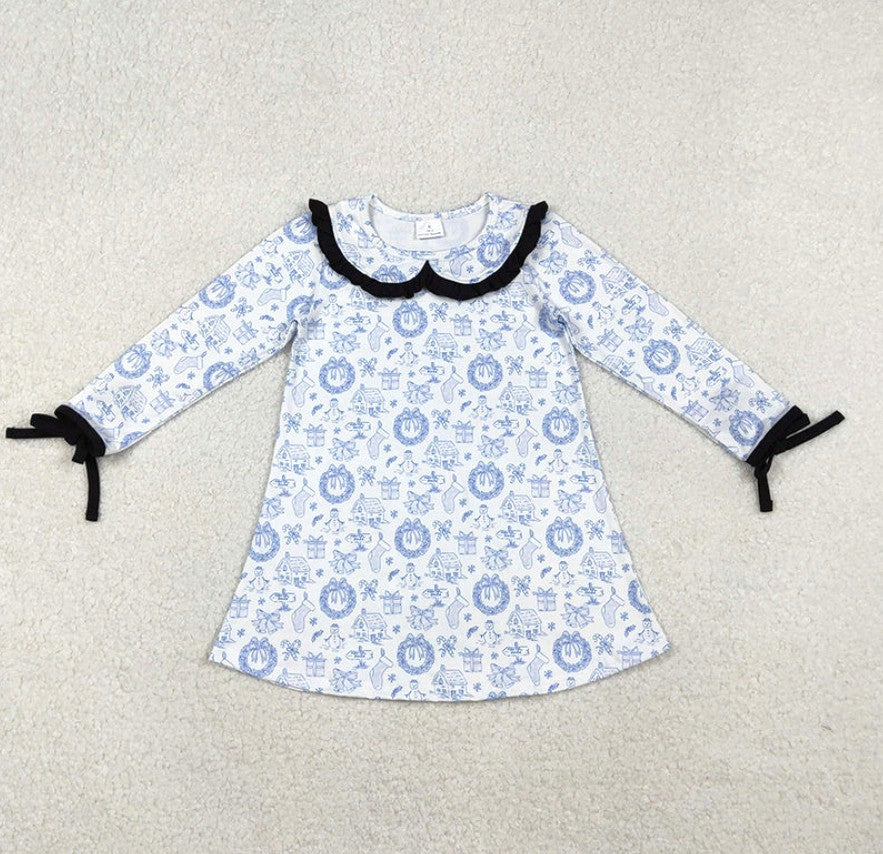Blue Collared Christmas Print Dress