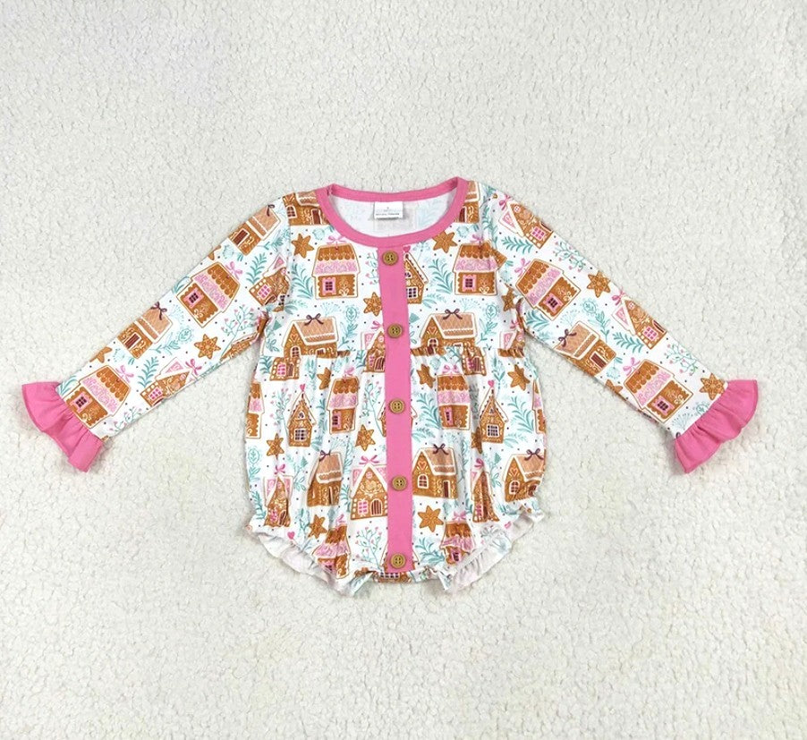 Pink Gingerbread House Bubble Romper