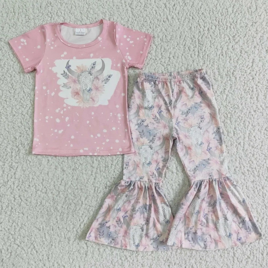 Pink Feathered Bull Skull Bell Bottom Set