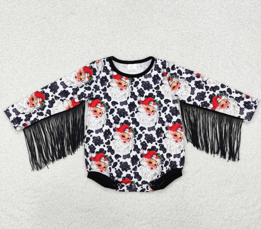 Vintage Cow Print Santa Tassel Bubble Romper