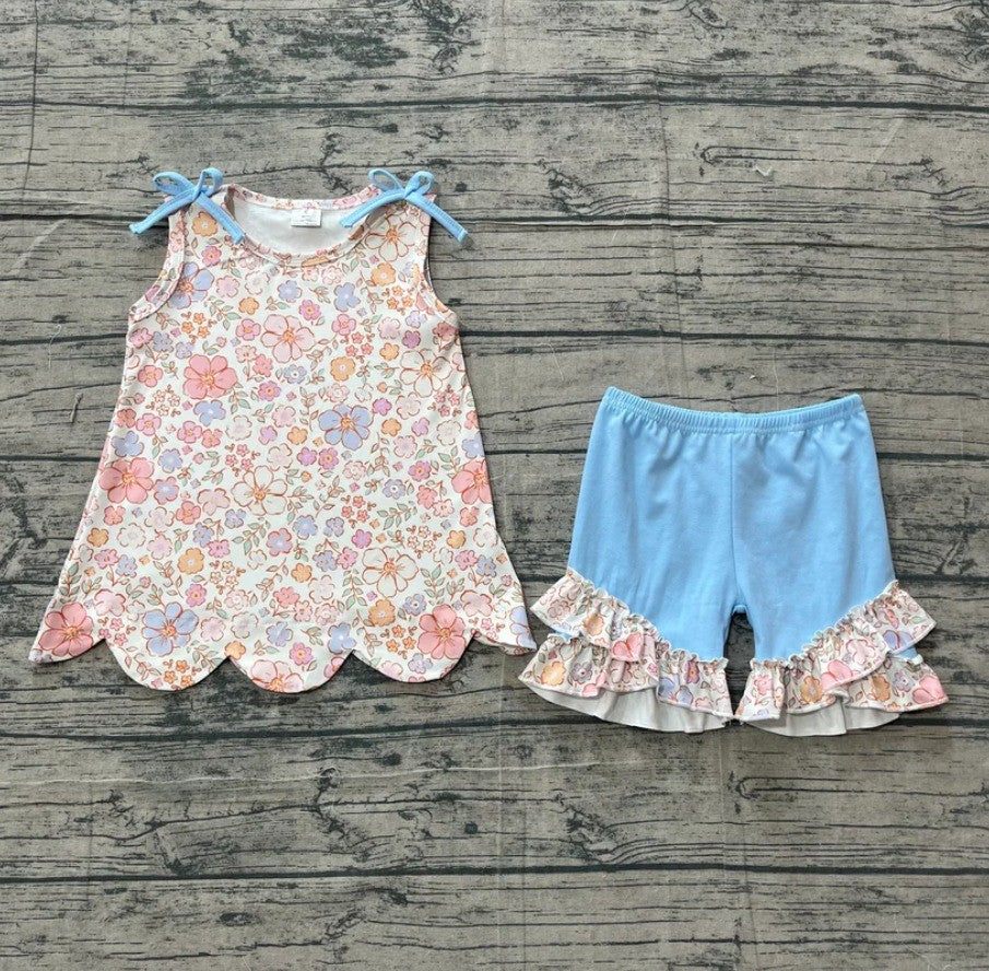 Blue Floral Scalloped Short Set