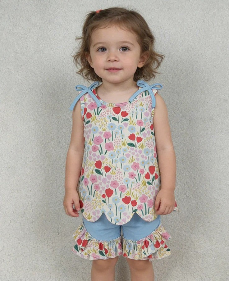 Colorful Flowers Scalloped Short Set