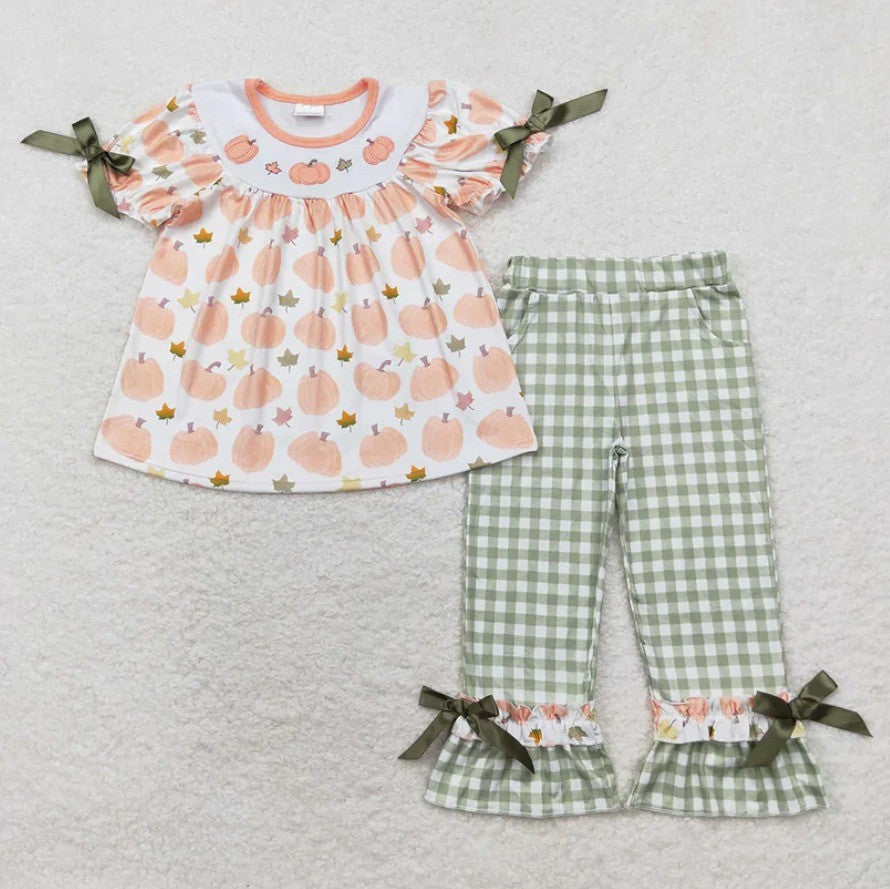 Vintage Smocked Style Pumpkin Set Sage