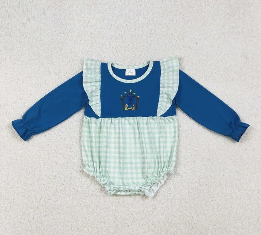 Blue Gingham Nativity Bubble Romper