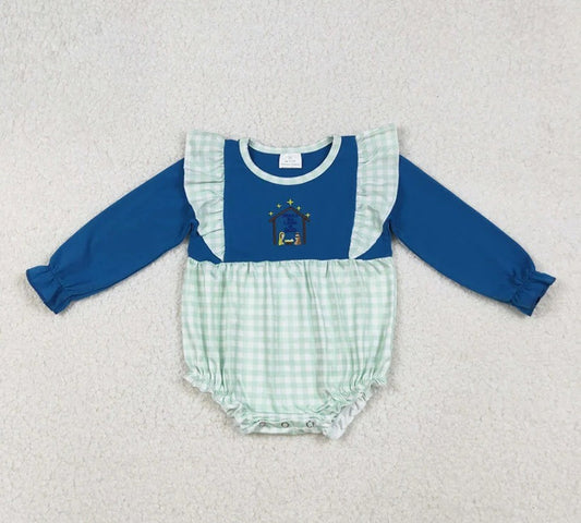 Blue Gingham Nativity Bubble Romper