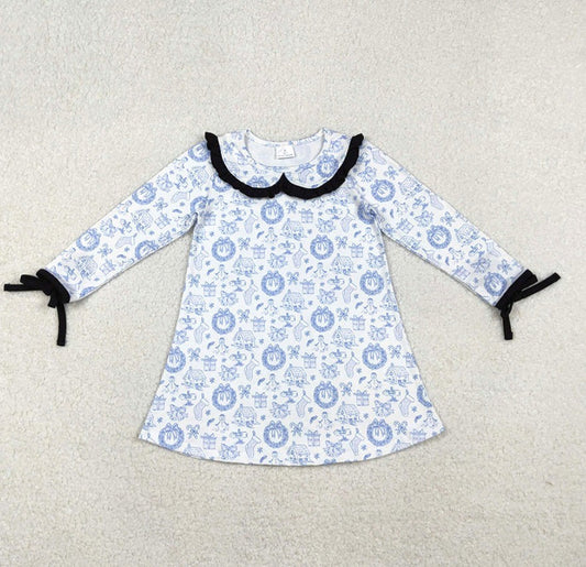 Blue Collared Christmas Print Dress