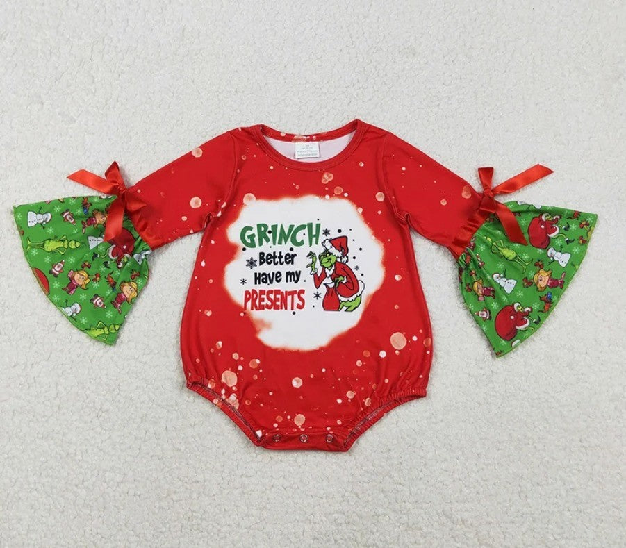 Grinch Bell Sleeve Bubble Romper