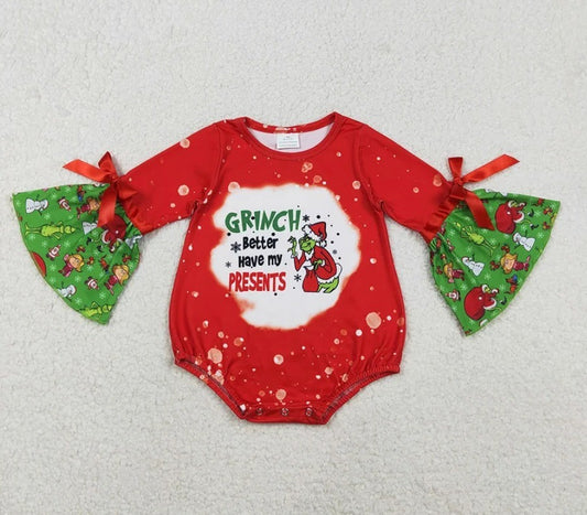 Grinch Bell Sleeve Bubble Romper