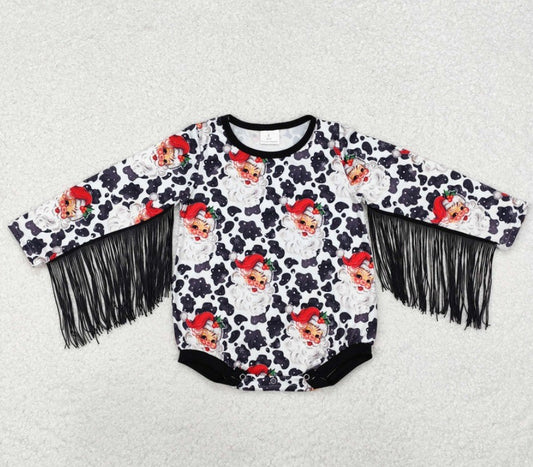 Vintage Cow Print Santa Tassel Bubble Romper