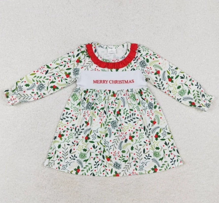 Smocked Floral Merry Christmas Dress