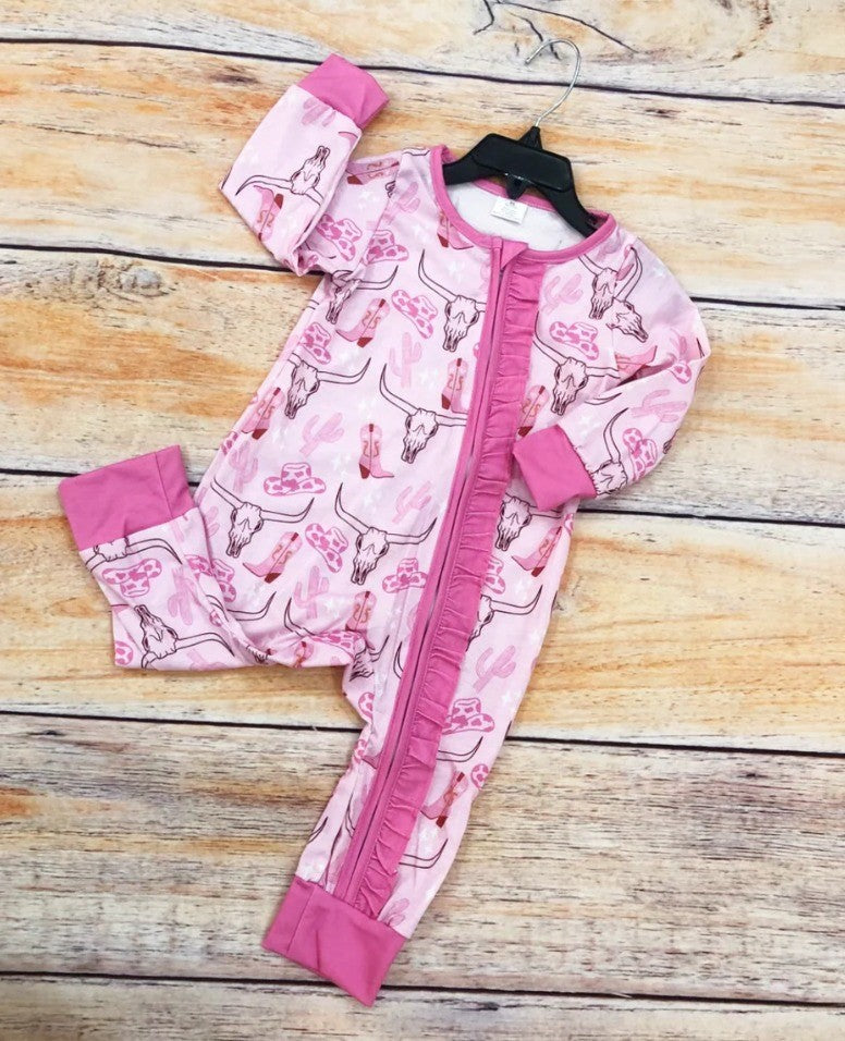 Pink Bull Skull Western Bamboo Zippie