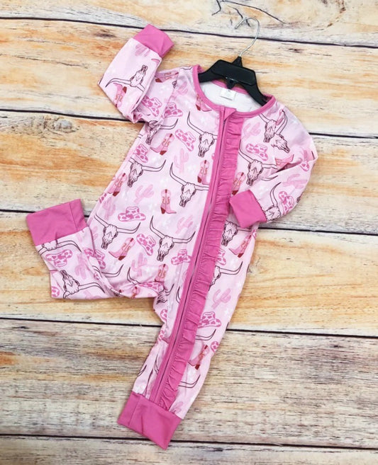 Pink Bull Skull Western Bamboo Zippie