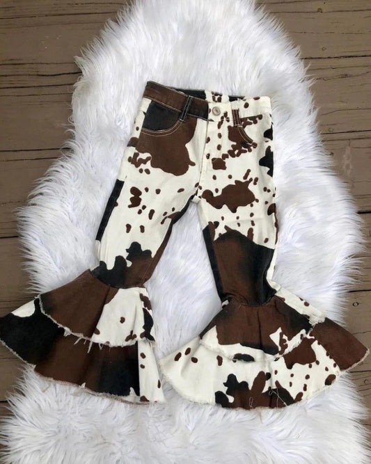 Brown Cow Print Denim Bell Jeans