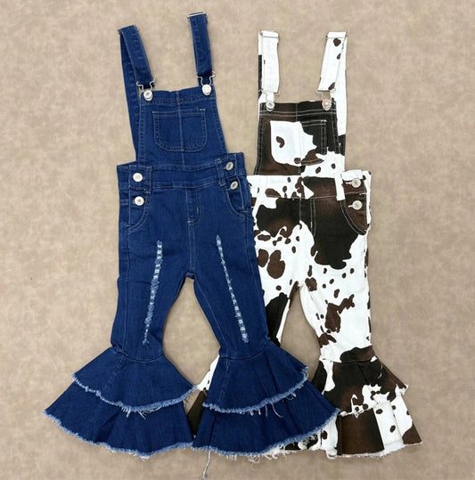 Denim Bell & Cow Print Overalls