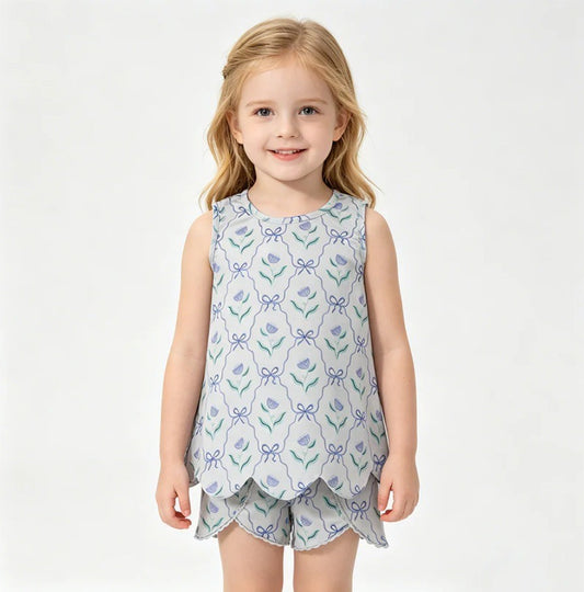 Scalloped Blue Bow Short Set