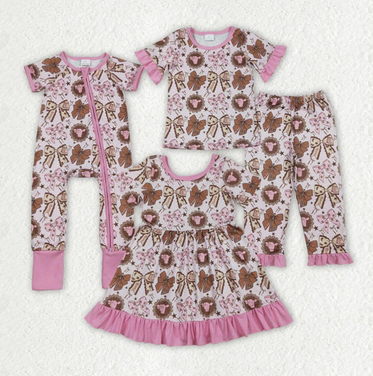 Pink Bow & Cow Print Dress Sibling Set