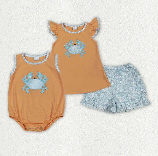 Embroidered Floral Crab Romper Short Set Collection
