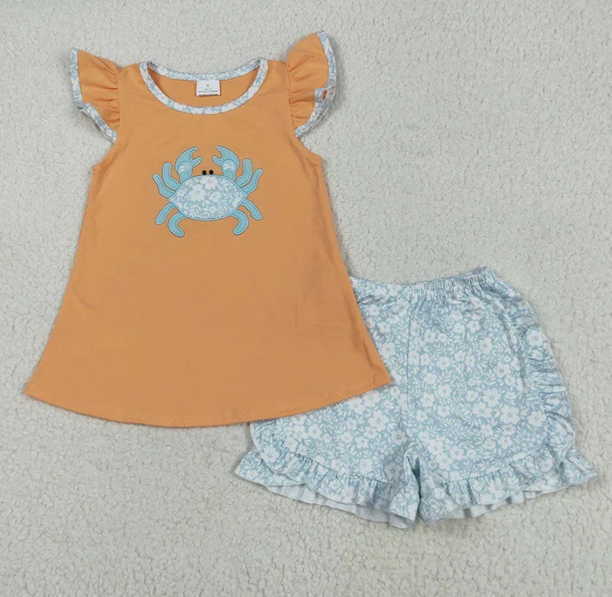 Embroidered Floral Crab Romper Short Set Collection