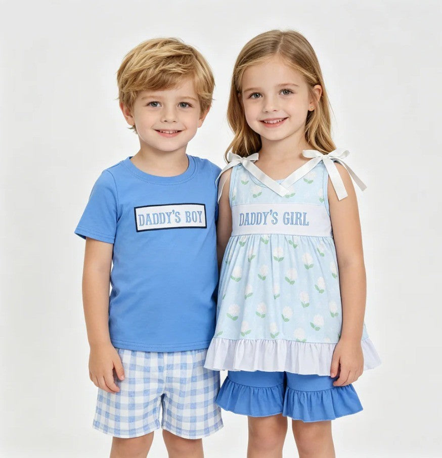 Daddy's Boy Girl Blue Gingham Floral Sibling Set