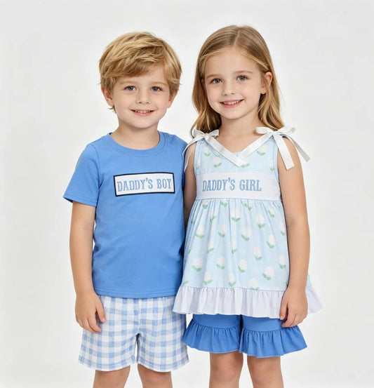 Daddy's Boy Girl Blue Gingham Floral Sibling Set