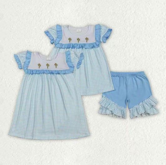 Cross Blue Gingham Smocked Sibling Dress Set