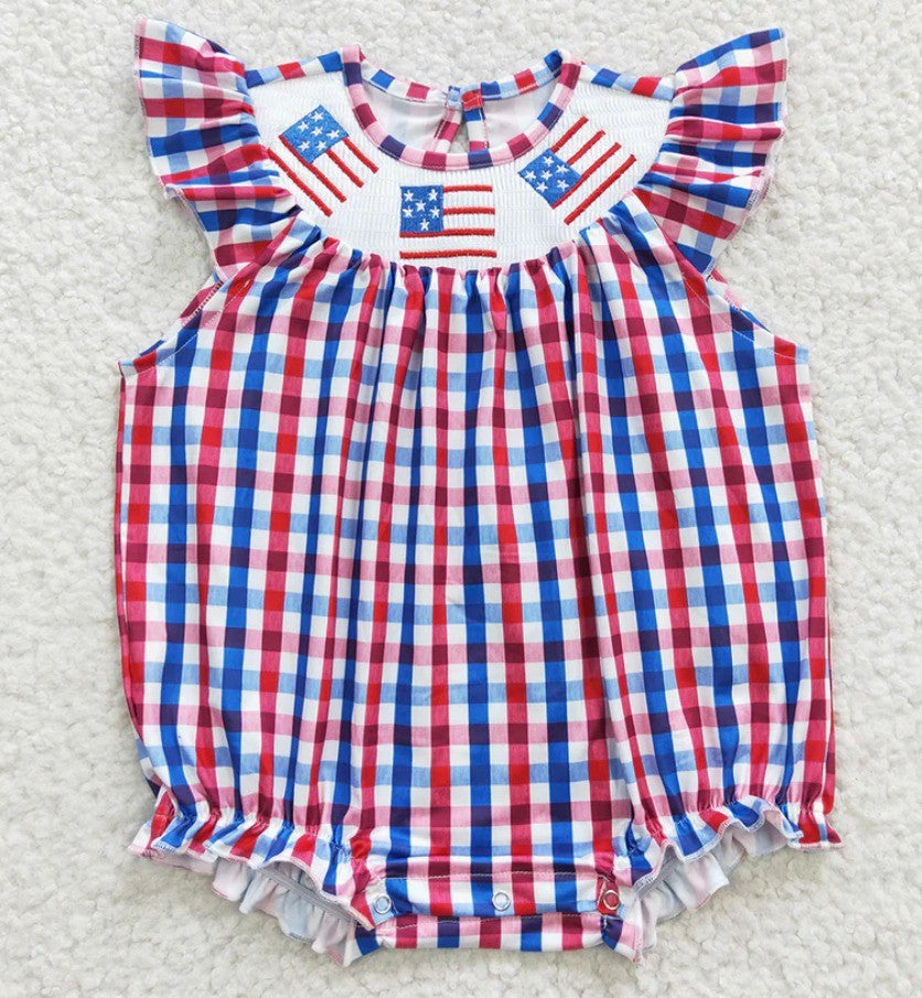 Smocked Gingham Embroidered Flag Romper