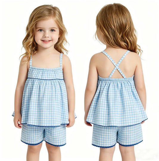 Blue Gingham Vintage Style Short Set