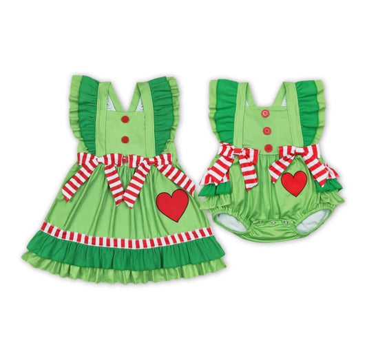 Grinch Dress Romper Sibling Set