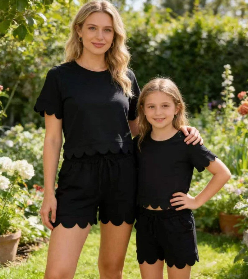 Mommy & Me Scalloped Cotton Short Set Black
