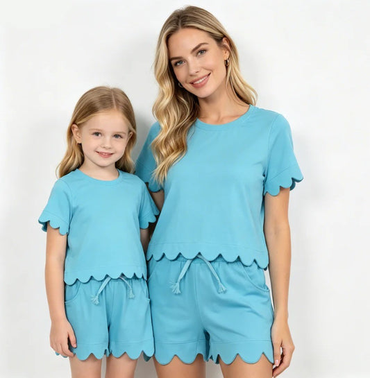 Mommy & Me Scalloped Cotton Short Set Blue