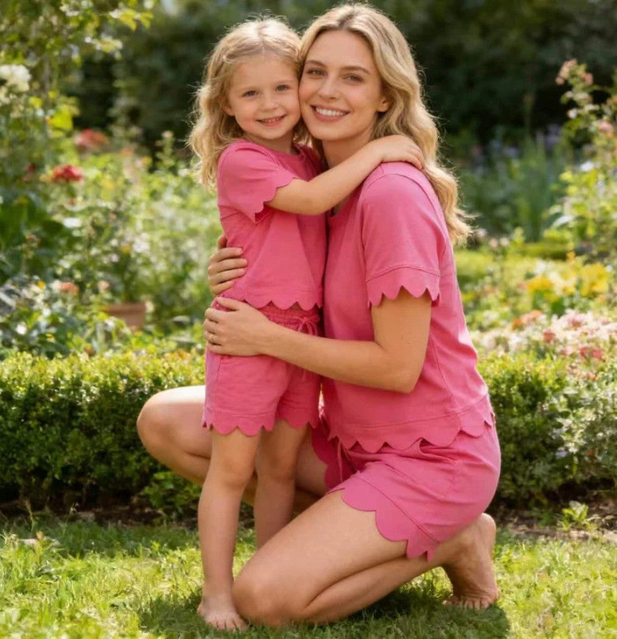 Mommy & Me Scalloped Cotton Short Set Pink