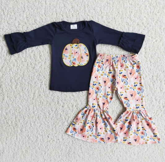 Embroidered Navy Pumpkin Bell Bottom Set