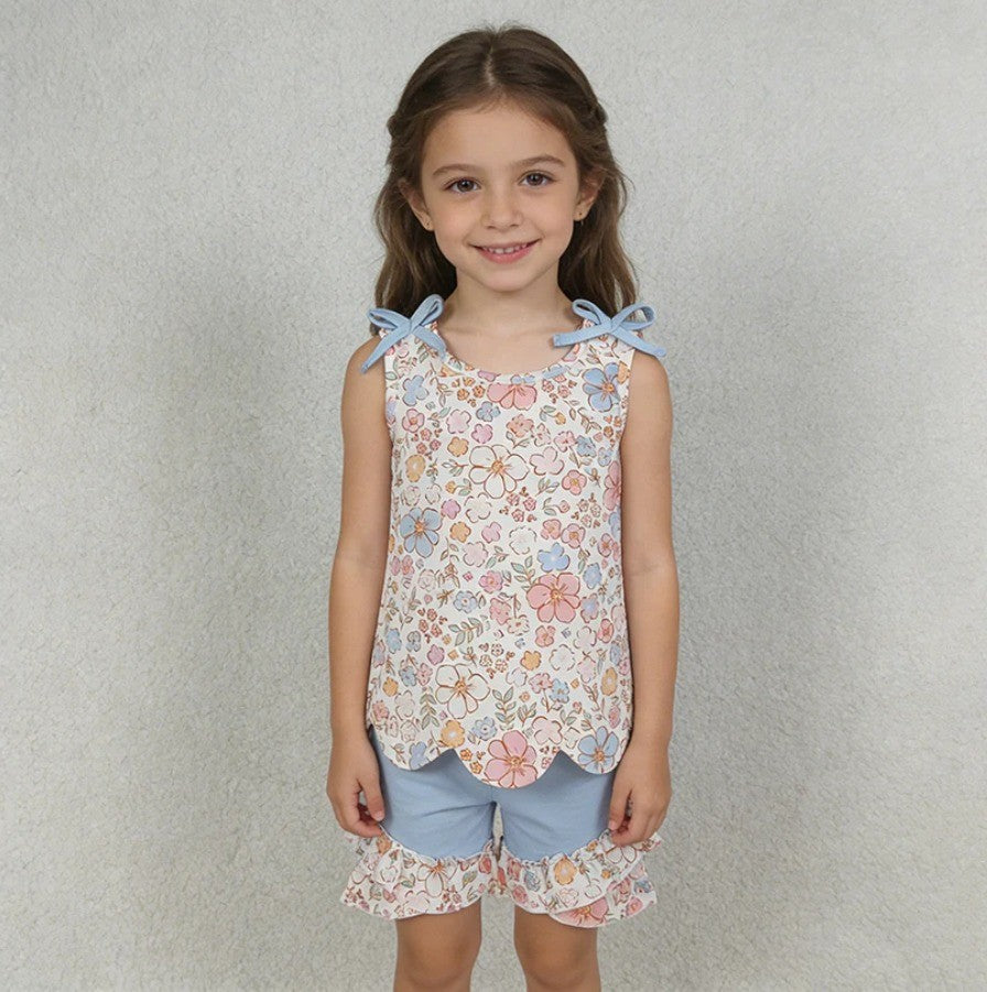 Blue Floral Scalloped Short Set