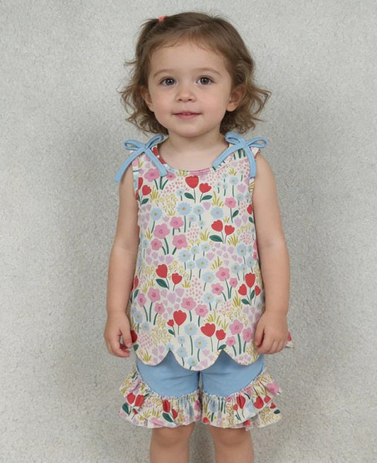 Colorful Flowers Scalloped Short Set