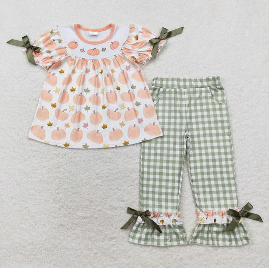 Vintage Smocked Style Pumpkin Set Sage