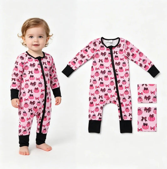 Pink Bow Pumpkin Sleeper Romper
