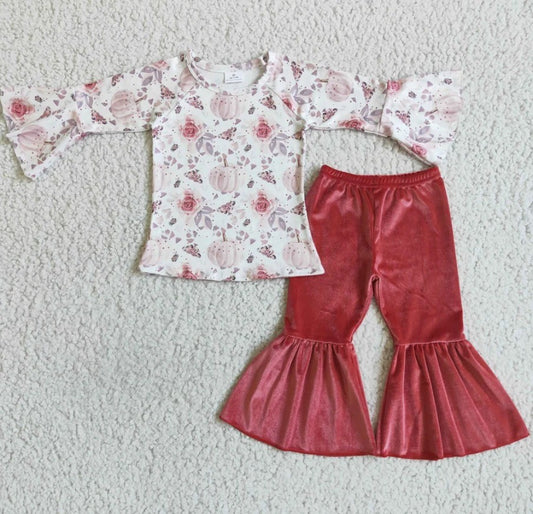 Floral Pumpkin Velvet Bell Pant Set