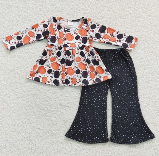 Black & Orange Pumpkin Polka Dot Flare Set